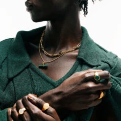 Gold Malachite T-Bar Necklace -Serge DeNimes Jewelry Shop Gold Malachite T Bar Necklace Product Shot Model