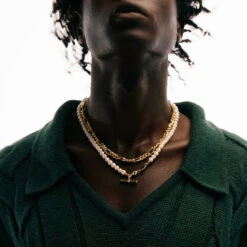 Gold Track Chain Necklace -Serge DeNimes Jewelry Shop Gold Pearl T Bar Necklace Gold Track Chain Necklace2